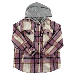 Zenana Plaid Drawstring Hooded Shacket  - Purple Black White - Large
